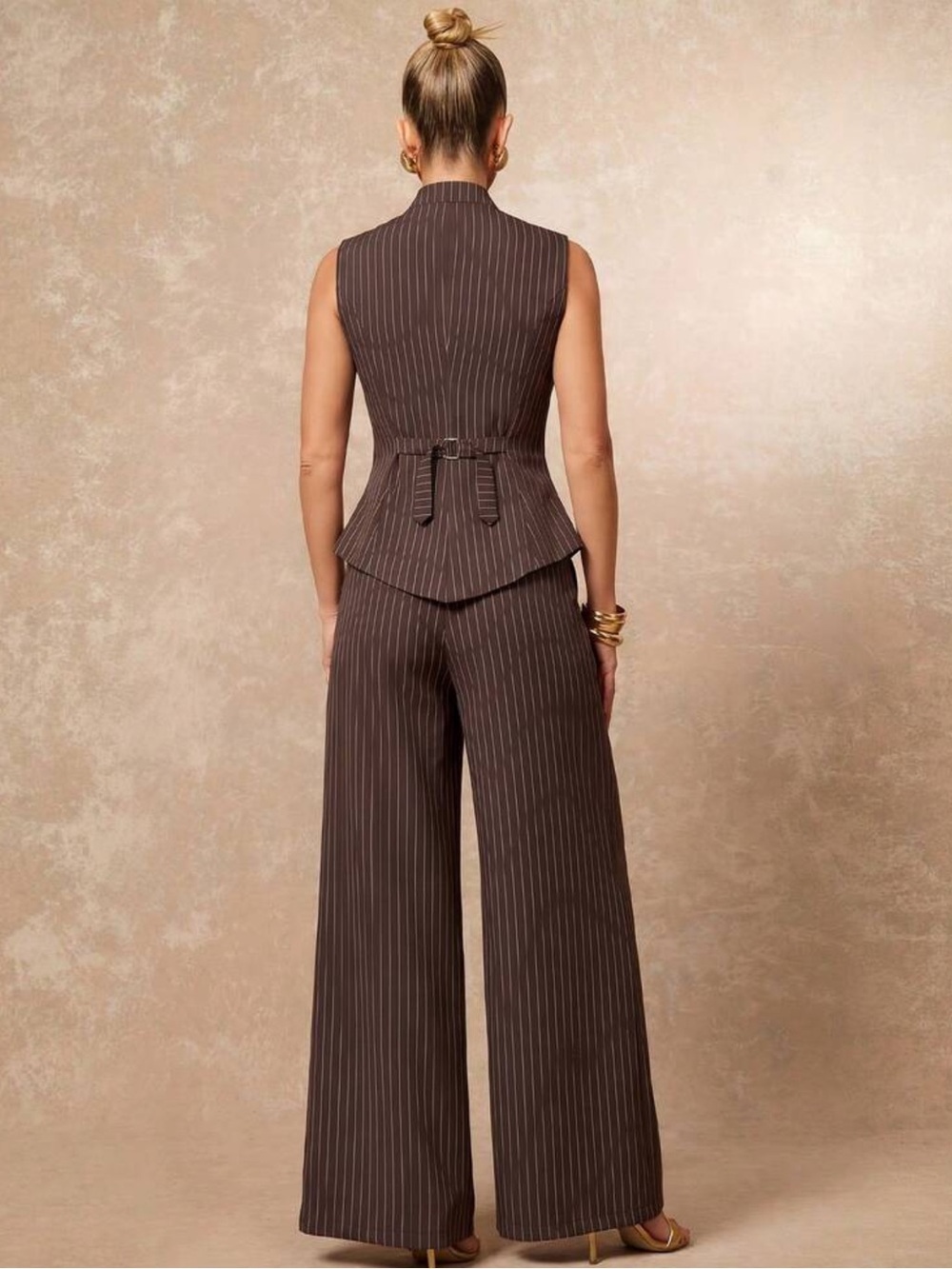 Lumalex Brown Pinstripe Two Pieces Set With Sleeveless High Neck Cutout Vest - Picture 4 of 5